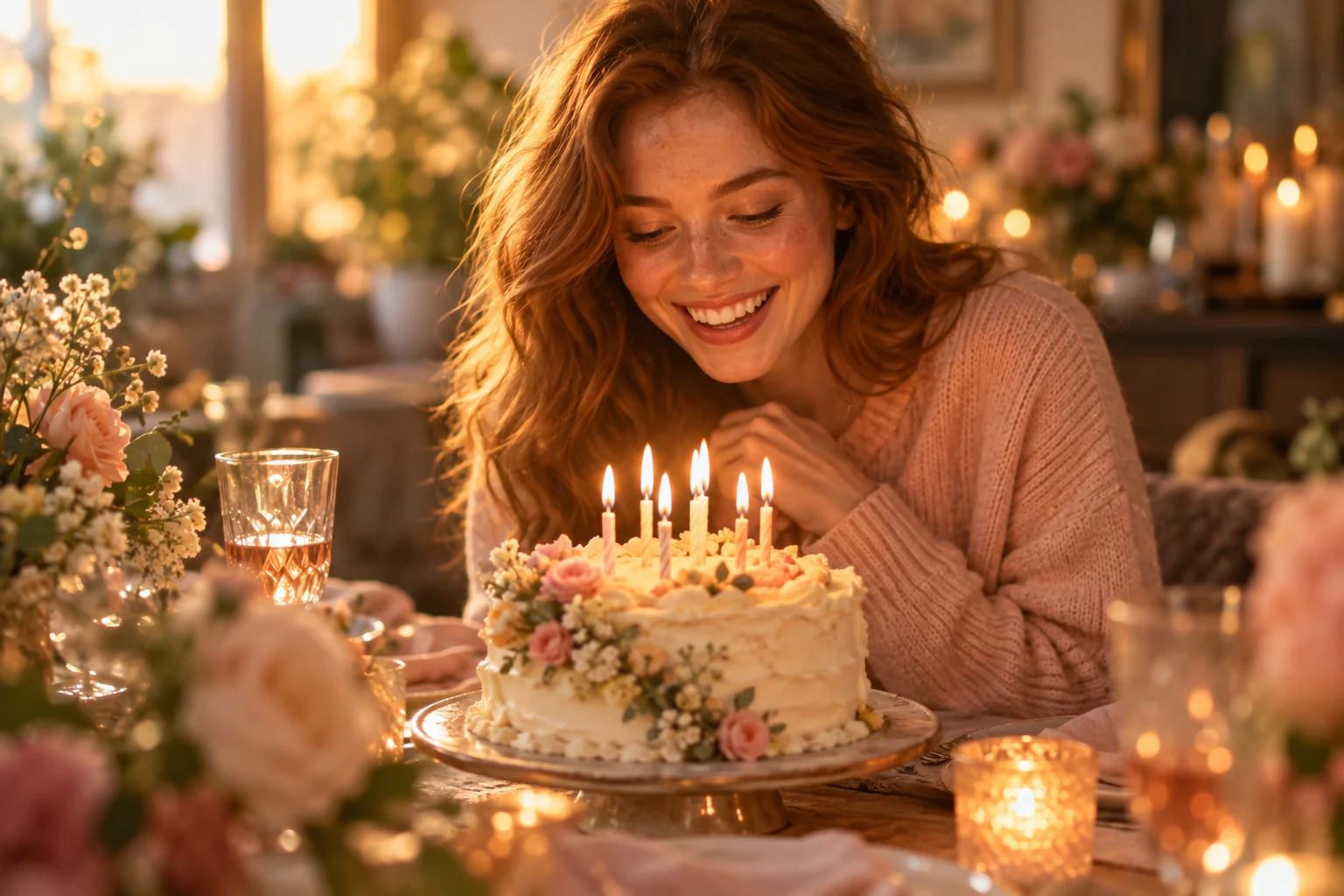 A woman celebrating her birthday with a candlelit cake