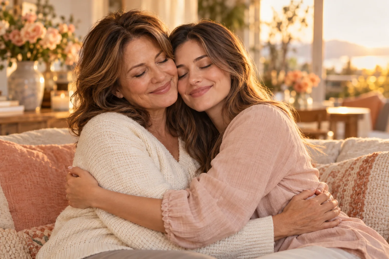 A mother and her grown daughter embracing